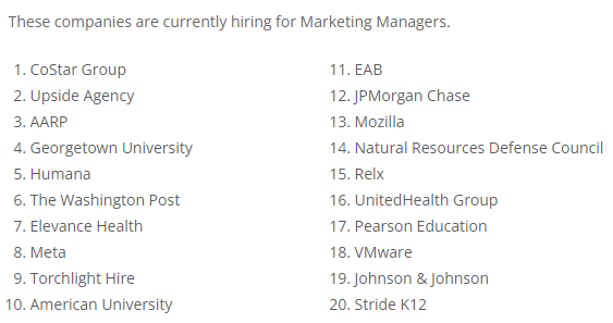Text from screenshot reads: These companies are currently hiring for Marketing Managers.
CoStar Group
Upside Agency
AARP
Georgetown University
Humana
The Washington Post
Elevance Health
Meta
Torchlight Hire
American University
EAB
JPMorgan Chase
Mozilla
Natural Resources Defense Council
Relx
UnitedHealth Group
Pearson Education
VMware
Johnson & Johnson
Stride K12
