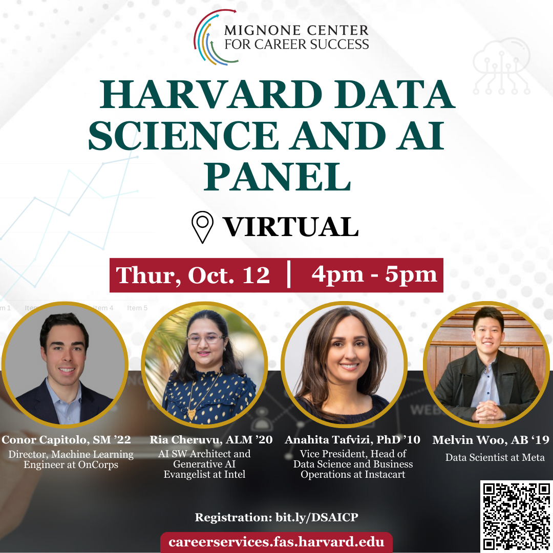 Harvard Data Science and AI Panel event flyer featuring panelist headshots from left to right: Connor, Ria, Anahita and Melvin. 