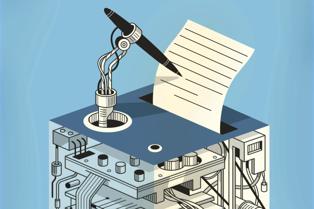 illustration of a robot hand writing, sitting on top of a complicated machine