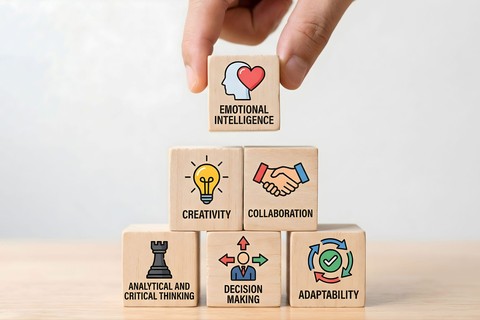 A hand places a wooden block labeled “Emotional Intelligence” atop blocks representing creativity, collaboration, analytical and critical thinking, decision-making, and adaptability.